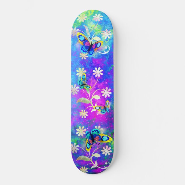 Whimsique Neon Wonderland Flowers Butterflies Mini Skateboard Bräda 18,5 Cm (Framsida)