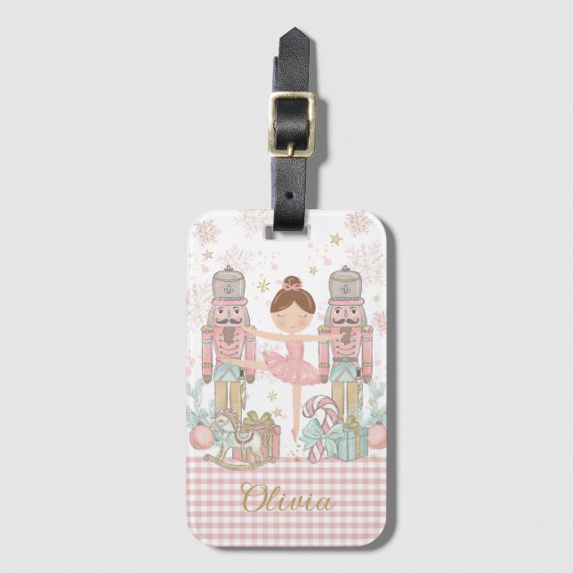 Whimsique Nutcracker Pastel Rosa Julsäck Bagagebricka (Framsida vertikal)