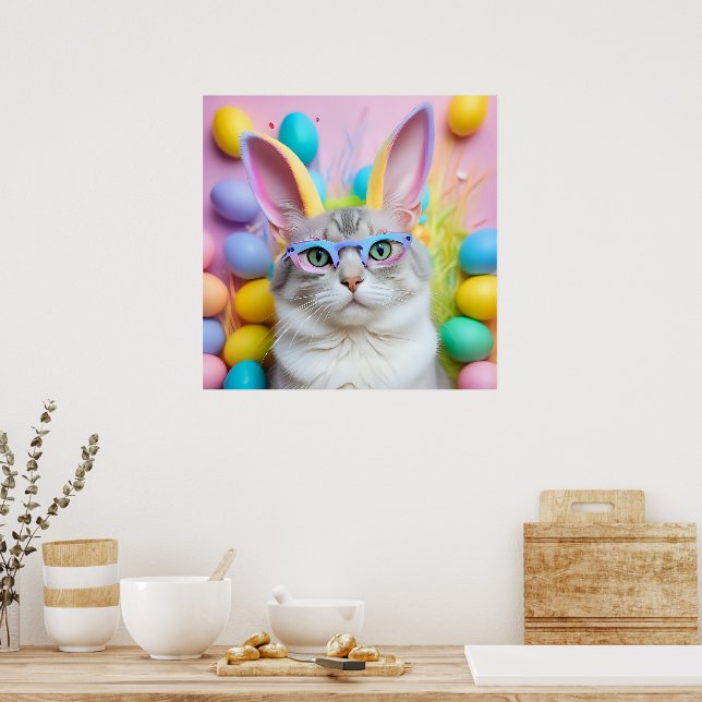 Whimsique Påsk Cat med Bunny Öron Poster (Kök)