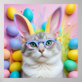 Whimsique Påsk Cat med Bunny Öron Poster