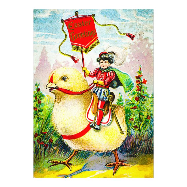 Whimsique Påsk Hälsning: Rider on Giant Chick Fototryck (Framsidan)
