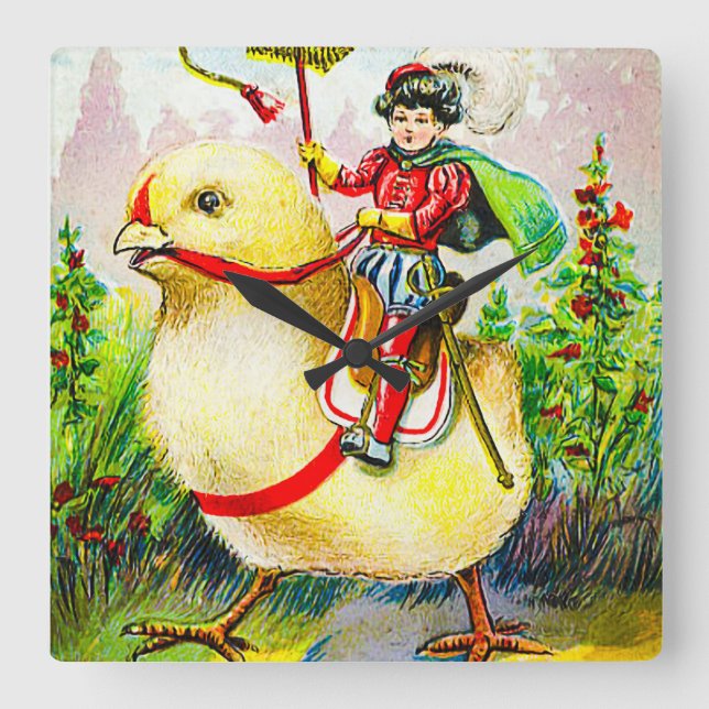Whimsique Påsk Hälsning: Rider on Giant Chick Fyrkantig Klocka (Framsida)