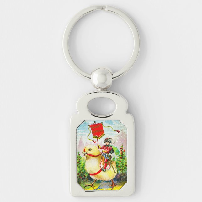 Whimsique Påsk Hälsning: Rider on Giant Chick Rektangulärt Silverfärgad Nyckelring (Framsidan)