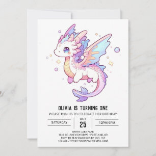 Whimsique Pastel Dragon 1:a födelsedagen Inbjudningar
