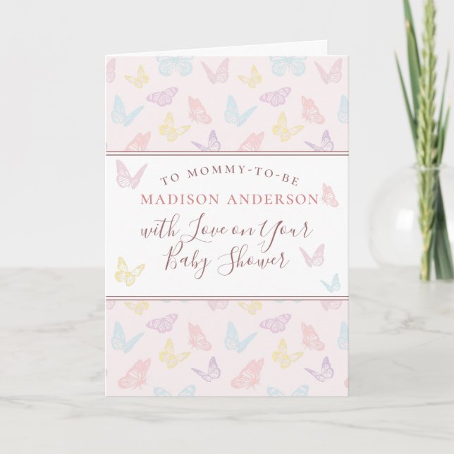 Whimsique Pastel Rosa Butterfly Girl Baby Shower Kort (Framsida)