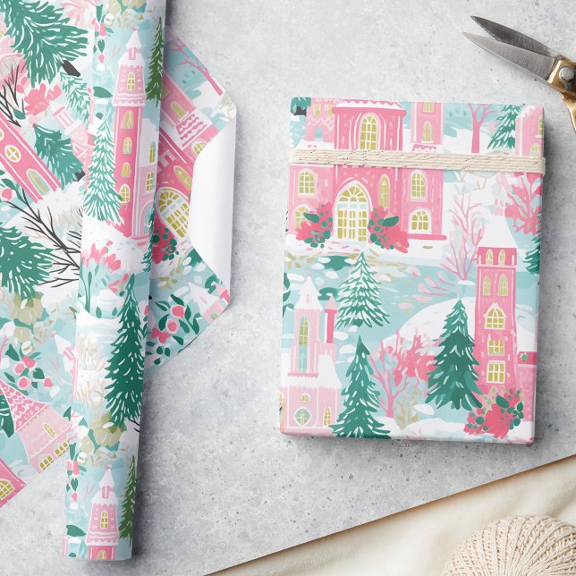 Whimsique Pastel Rosa Winter Town-jul Presentpapper (Skapare uppladdad)