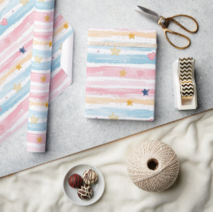 Whimsique Pastel Stripe Heart och Star Mönster De Presentpapper