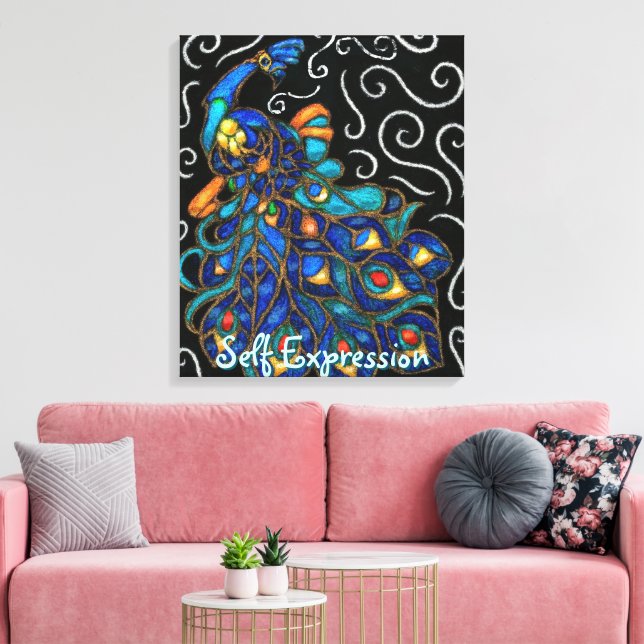 Whimsique Peacock Chalk Pastel Bird Personlig Canvastryck (Insitu (Vardagsrum))