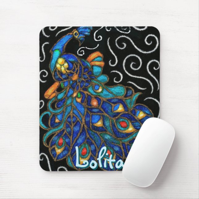 Whimsique Peacock Chalk Pastel Bird Personlig Musmatta (Med mus)
