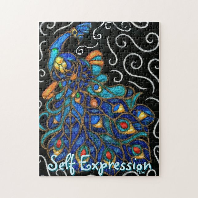 Whimsique Peacock Chalk Pastel Bird Personlig Pussel (Vertikal)