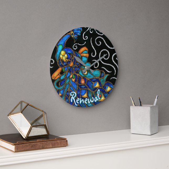 Whimsique Peacock Chalk Pastel Bird Personlig Stor Klocka (Kontor)