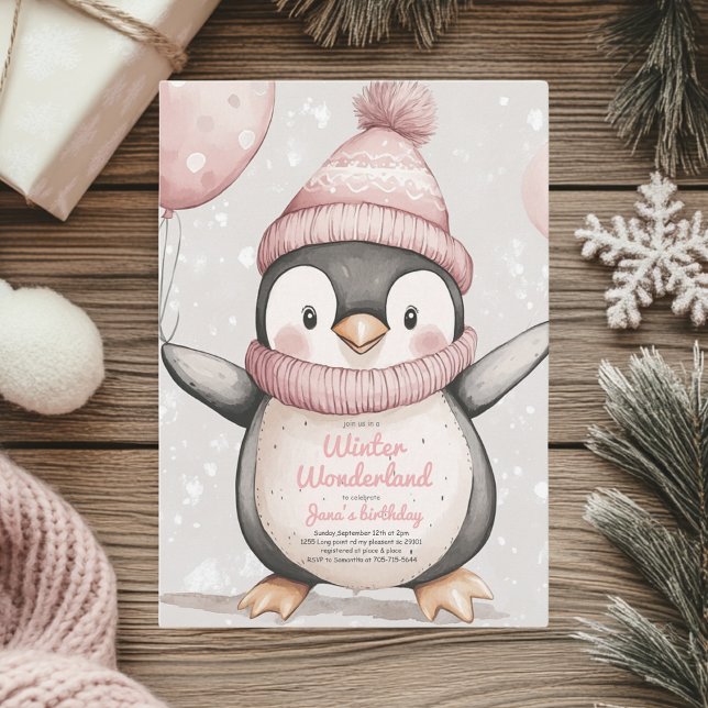 Whimsique Penguin Birthday | Vintagens Rosa Inbjudningar (Skapare uppladdad)