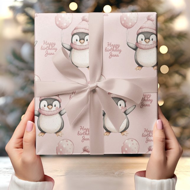 Whimsique Penguin Birthday | Vintagens Rosa Presentpapper (Skapare uppladdad)