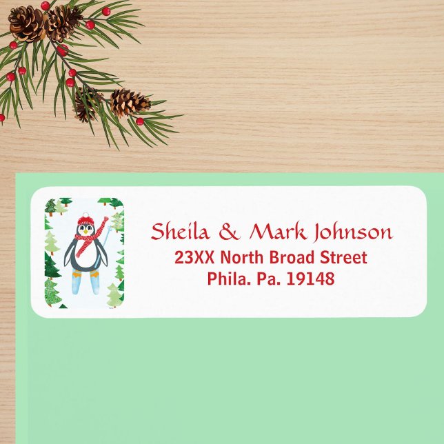 Whimsique Penguin Skiing Julgran Art Returadress Etikett (Penguin Skiing on Mountain Christmas Trees Label)