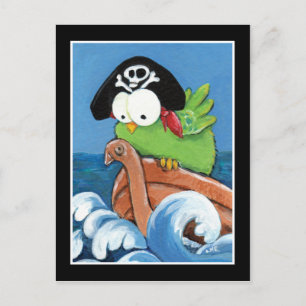 Whimsique Pirat Bird in a wooden Boat Postcard Vykort