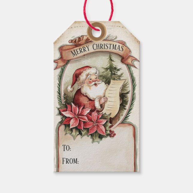 Whimsique Poinsettia Santa till från jul Presentetikett (Framsidan)