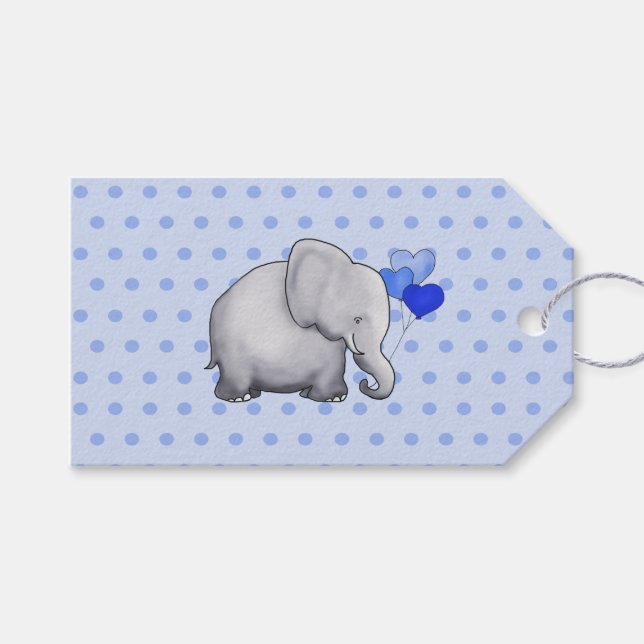 Whimsique Polka dots Baby Elephants Födelsedagsfes Presentetikett (Framsidan (Horisontell))