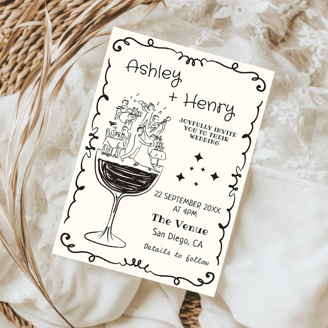 Whimsique Quirky Hand plockade Champagne Bröllop Inbjudningar (Skapare uppladdad)