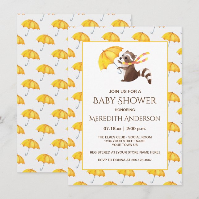 Whimsique Raccoon Gult Umbrellas Baby Shower Inbjudningar (Fram/baksida)