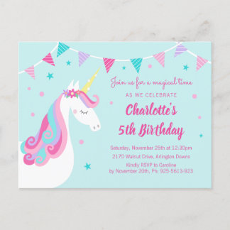 Whimsique Rainbow Unicorn Aqua 5:e födelsedagen Inbjudan Vykort