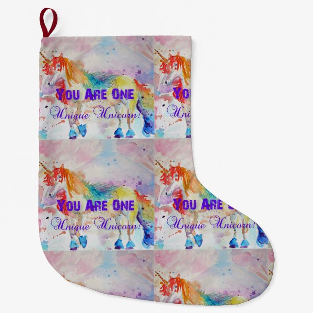 Whimsique Rainbow Unicorn Art-julklapp Stor Julstrumpa (Framsidan)