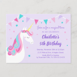 Whimsique Rainbow Unicorn Lila 5th Birthday Inbjudan Vykort