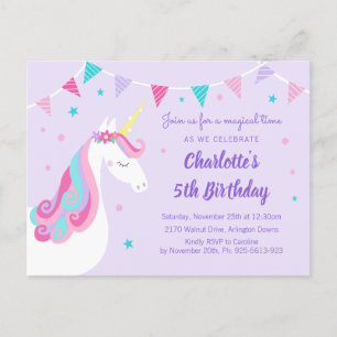 Whimsique Rainbow Unicorn Lila 5th Birthday Inbjudan Vykort