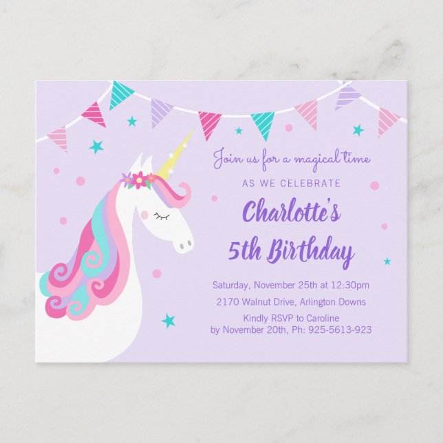 Whimsique Rainbow Unicorn Lila 5th Birthday Inbjudan Vykort (Framsida)