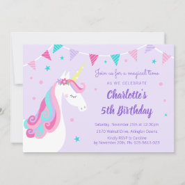 Whimsique Rainbow Unicorn Lila 5th Birthday Inbjudningar