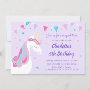 Whimsique Rainbow Unicorn Lila 5th Birthday Inbjudningar