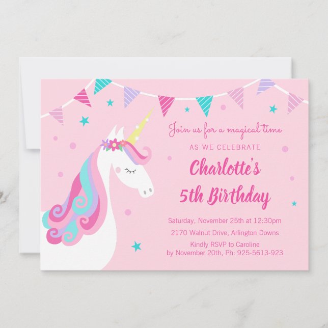 Whimsique Rainbow Unicorn Rosa 5th Birthday Inbjudningar (Framsida)