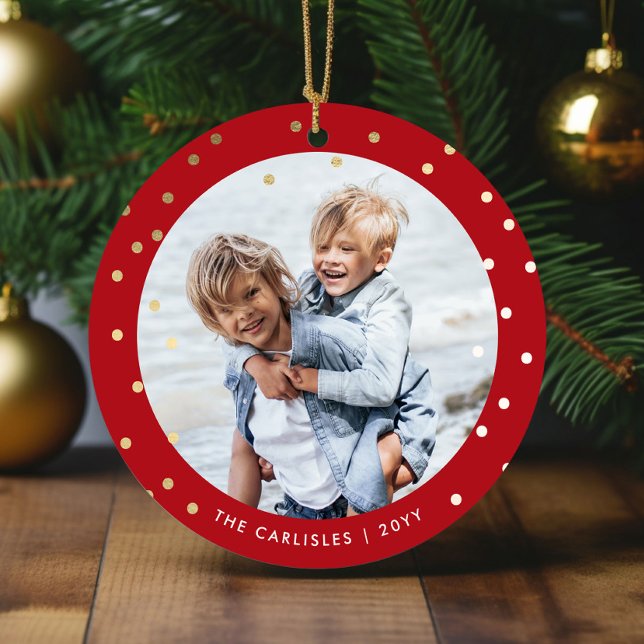 Whimsique Red and Guld Confetti 2 Fotojul Julgransprydnad Keramik (Red and gold 2 photo Christmas tree ornaments (front).)
