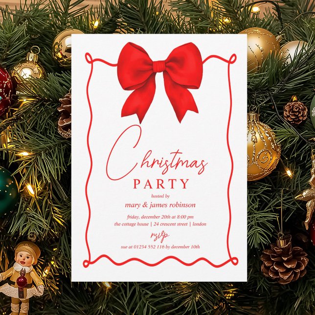 Whimsique Red Bow-Julfesten Inbjudningar (Whimsical Red Bow Christmas Holiday Party Invitation)
