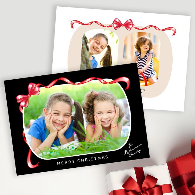 Whimsique Red Bow Ribbon 3 Foton Jul Julkort (Skapare uppladdad)