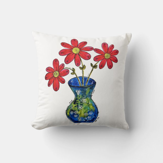 Whimsique Red Flowers in Blue Vas Dekorativ kudde (Framsida)