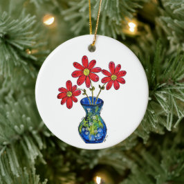 Whimsique Red Flowers in Blue Vas Julgransprydnad Keramik