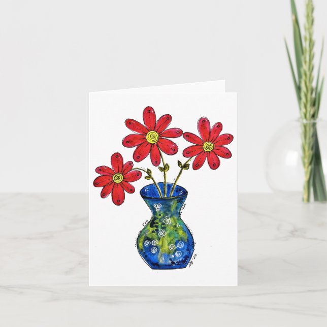 Whimsique Red Flowers in Blue Vas Kort (Framsida)