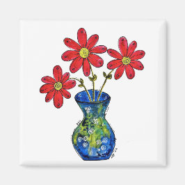 Whimsique Red Flowers in Blue Vas Magnet