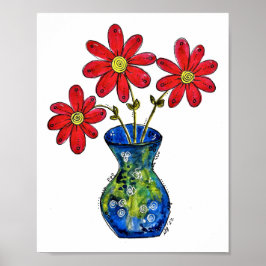 Whimsique Red Flowers in Blue Vas Poster