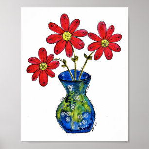 Whimsique Red Flowers in Blue Vas Poster
