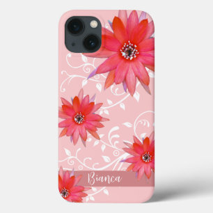 Whimsique Red Flowers Swirly Lövs Add Namn Rosa