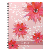 Whimsique Red Flowers Swirly Lövs Add Namn Rosa