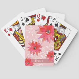 Whimsique Red Flowers Swirly Lövs Add Namn Rosa Casinokort