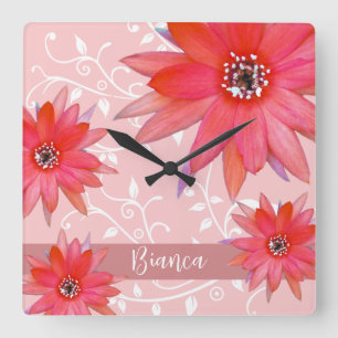 Whimsique Red Flowers Swirly Lövs Add Namn Rosa Fyrkantig Klocka