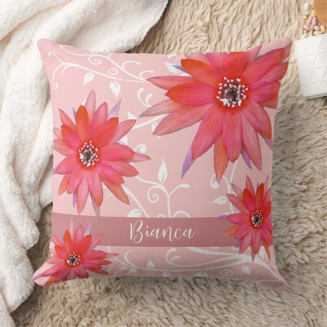 Whimsique Red Flowers Swirly Lövs Add Namn Rosa Kudde (Filt)