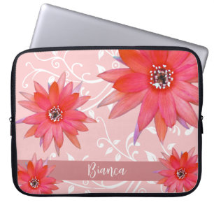Whimsique Red Flowers Swirly Lövs Add Namn Rosa Laptop Fodral