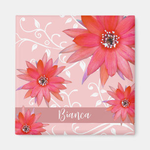 Whimsique Red Flowers Swirly Lövs Add Namn Rosa Magnet