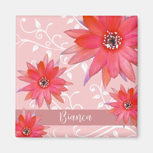 Whimsique Red Flowers Swirly Lövs Add Namn Rosa Magnet (Framsidan)