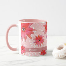 Whimsique Red Flowers Swirly Lövs Add Namn Rosa