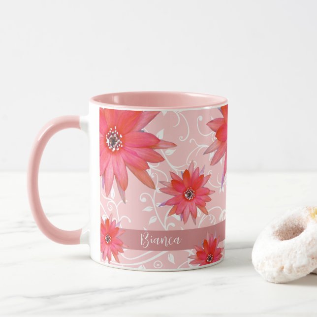 Whimsique Red Flowers Swirly Lövs Add Namn Rosa Mugg (Med munk)